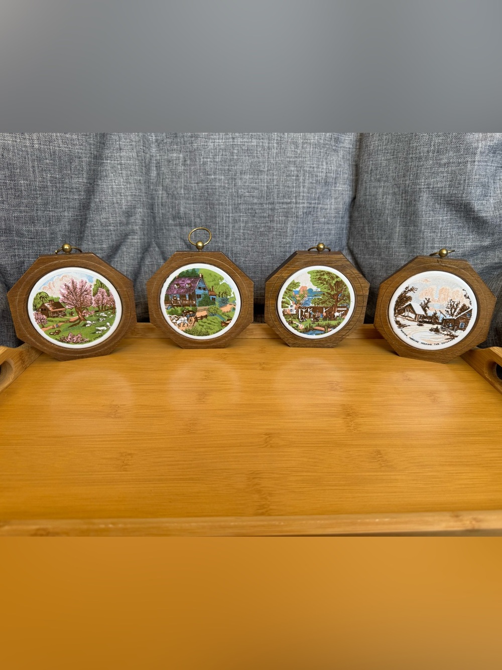 Set of 4 Vintage Currier & Ives Four Seasons Wood Framed Ceramic Wall Decor - Picture 2 of 9